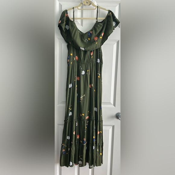 a.n.a Olive Green Floral Maxi Dress with Ruffled Off-Shoulder - Picture 5 of 7